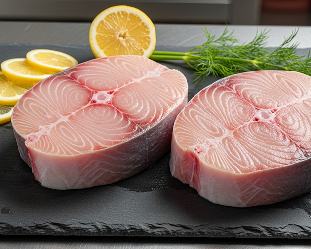 Fresh king fish steaks on ice